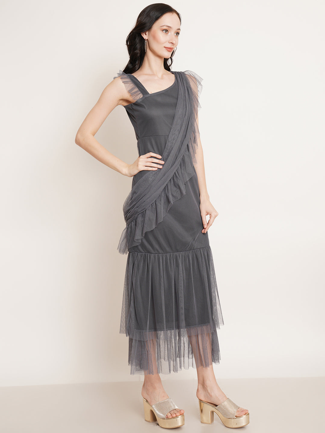 Women Grey Net Ruffles Maxi Dress