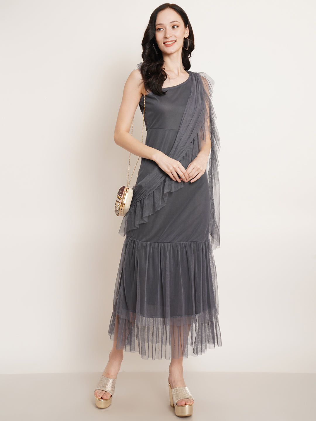 Women Grey Net Ruffles Maxi Dress