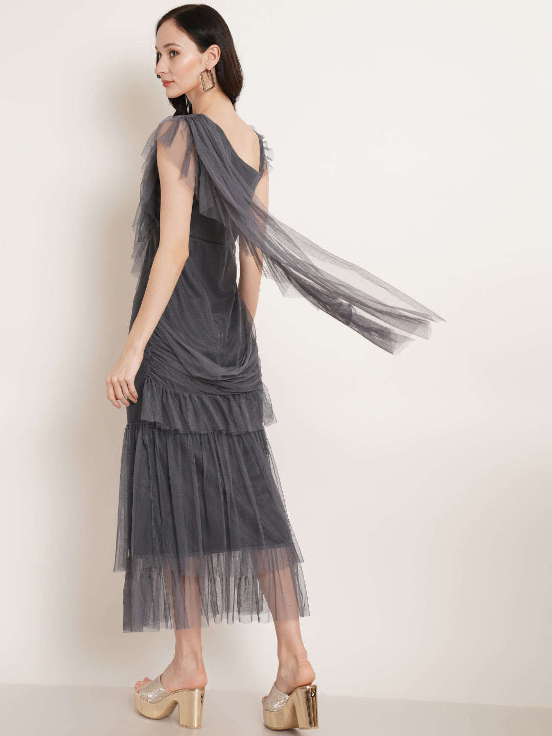 Women Grey Net Ruffles Maxi Dress