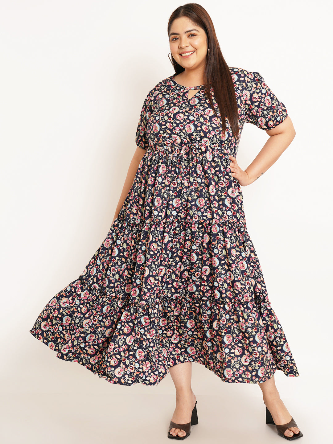 Women Plus Size Floral Print Crepe Maxi Dress