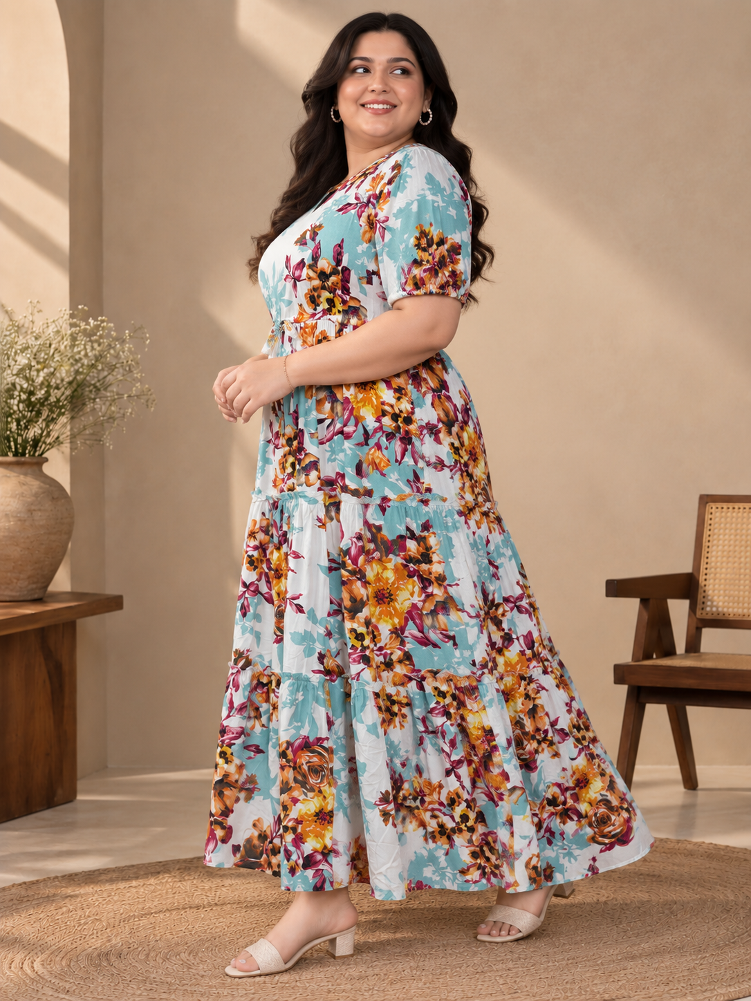 U&F Beyond Plus Size Women Light Blue Floral Printed Cotton Midi Dress