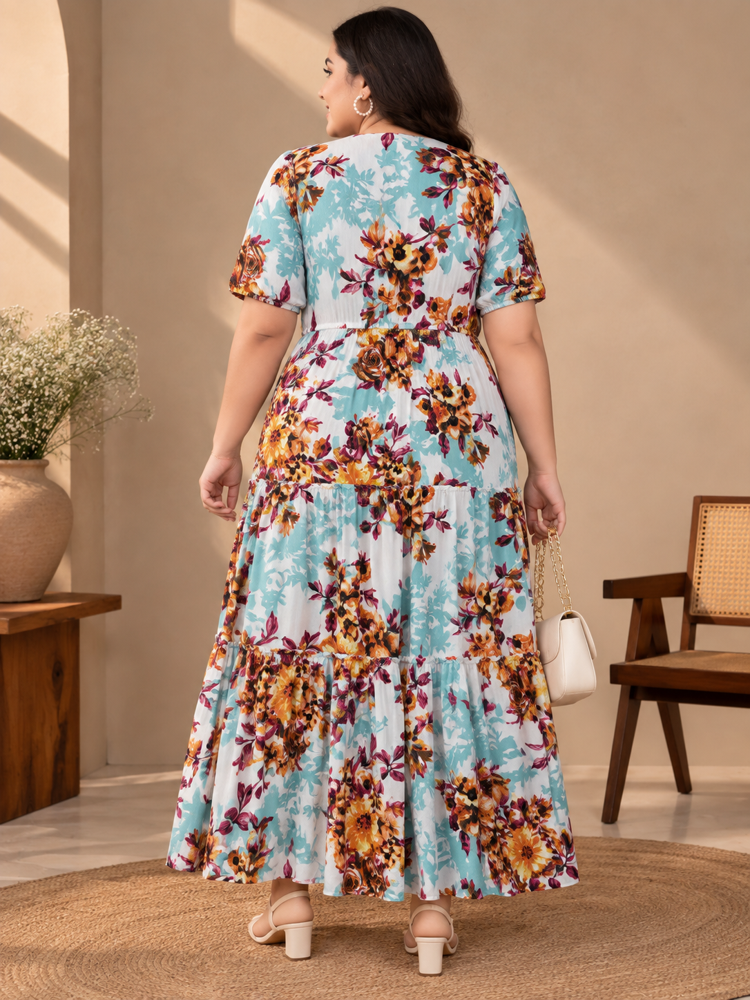 U&F Beyond Plus Size Women Light Blue Floral Printed Cotton Midi Dress