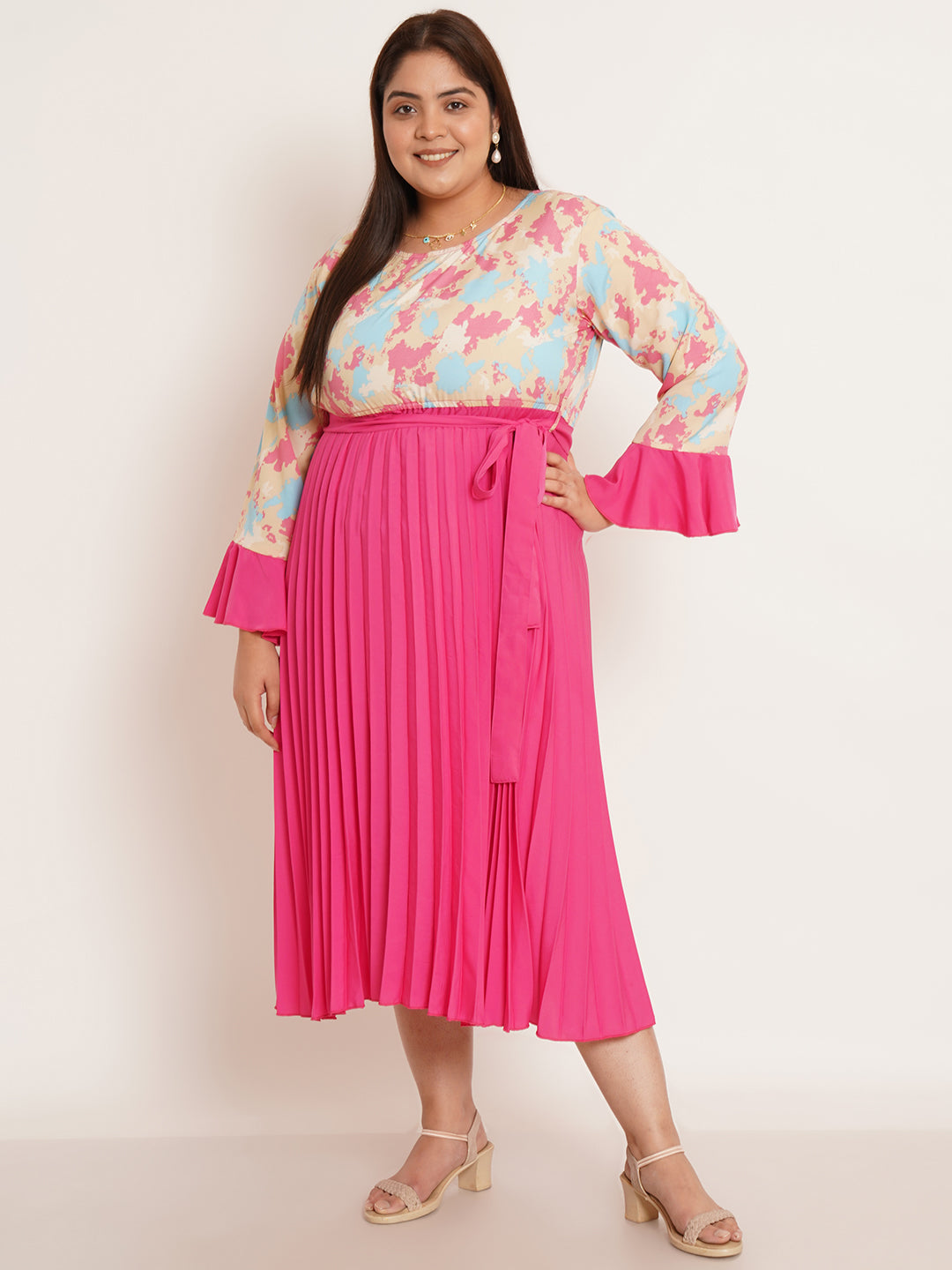 Women Plus Size Abstract Printed Bell Sleeve Fit & Flare Midi Dress
