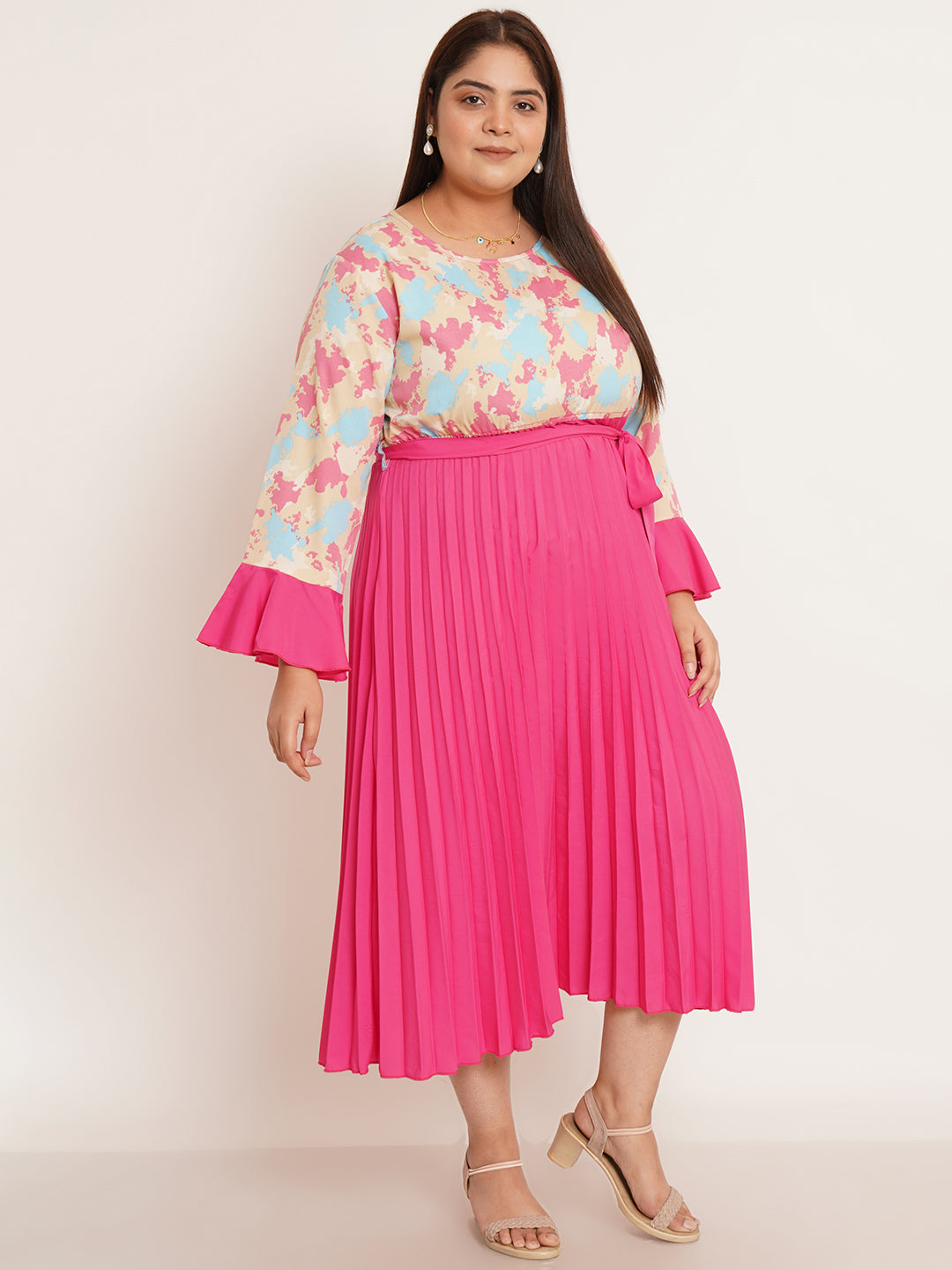 Women Plus Size Abstract Printed Bell Sleeve Fit & Flare Midi Dress