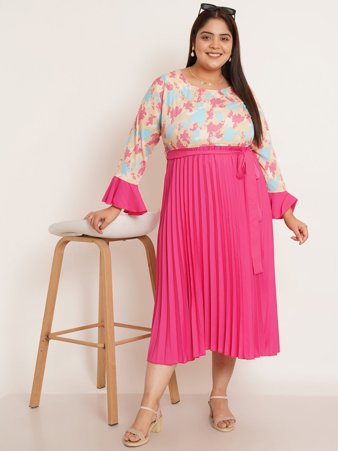 Women Plus Size Abstract Printed Bell Sleeve Fit & Flare Midi Dress