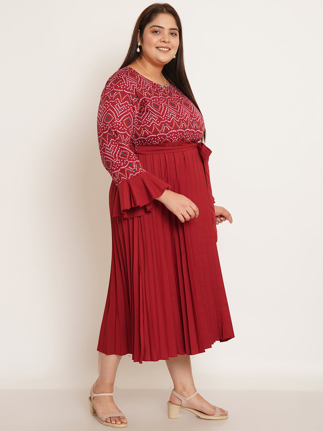 Women Plus Size Bandhani Printed Midi Dress