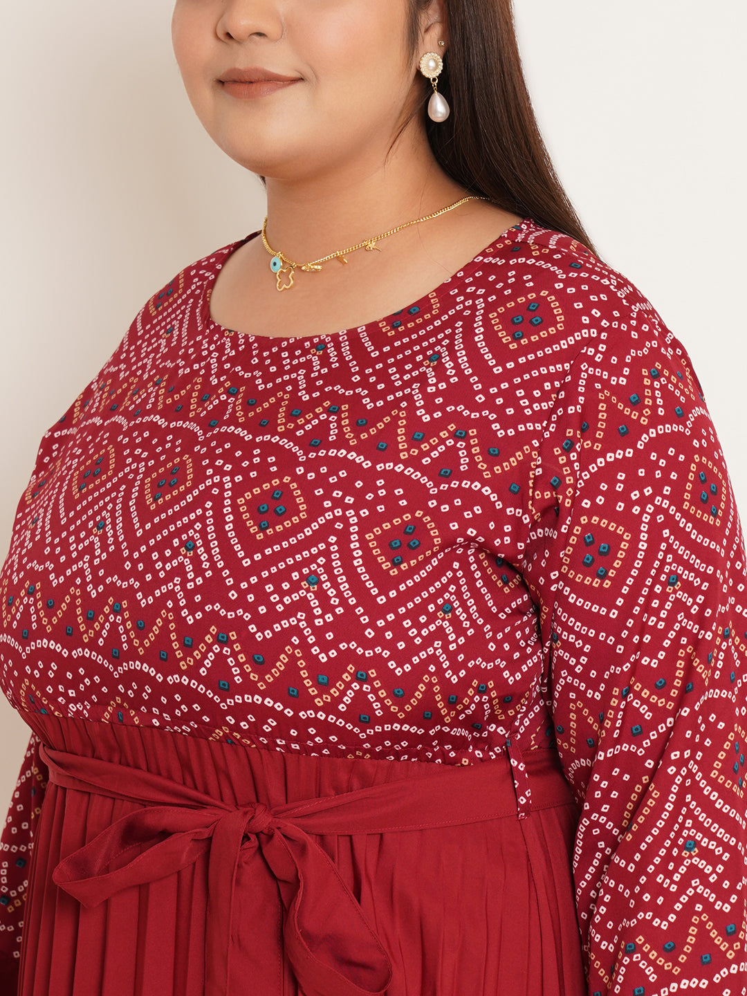 Women Plus Size Bandhani Printed Midi Dress