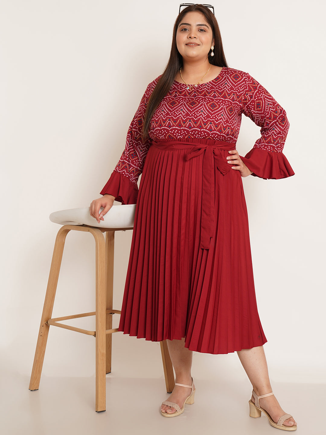 Women Plus Size Bandhani Printed Midi Dress