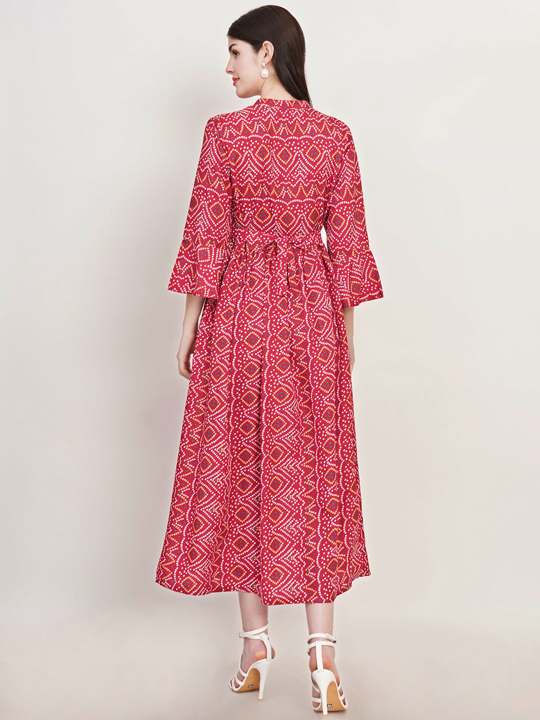 Women Geometric Printed Mandarin Collar Bell Sleeve Fit & Flare Maxi Dress