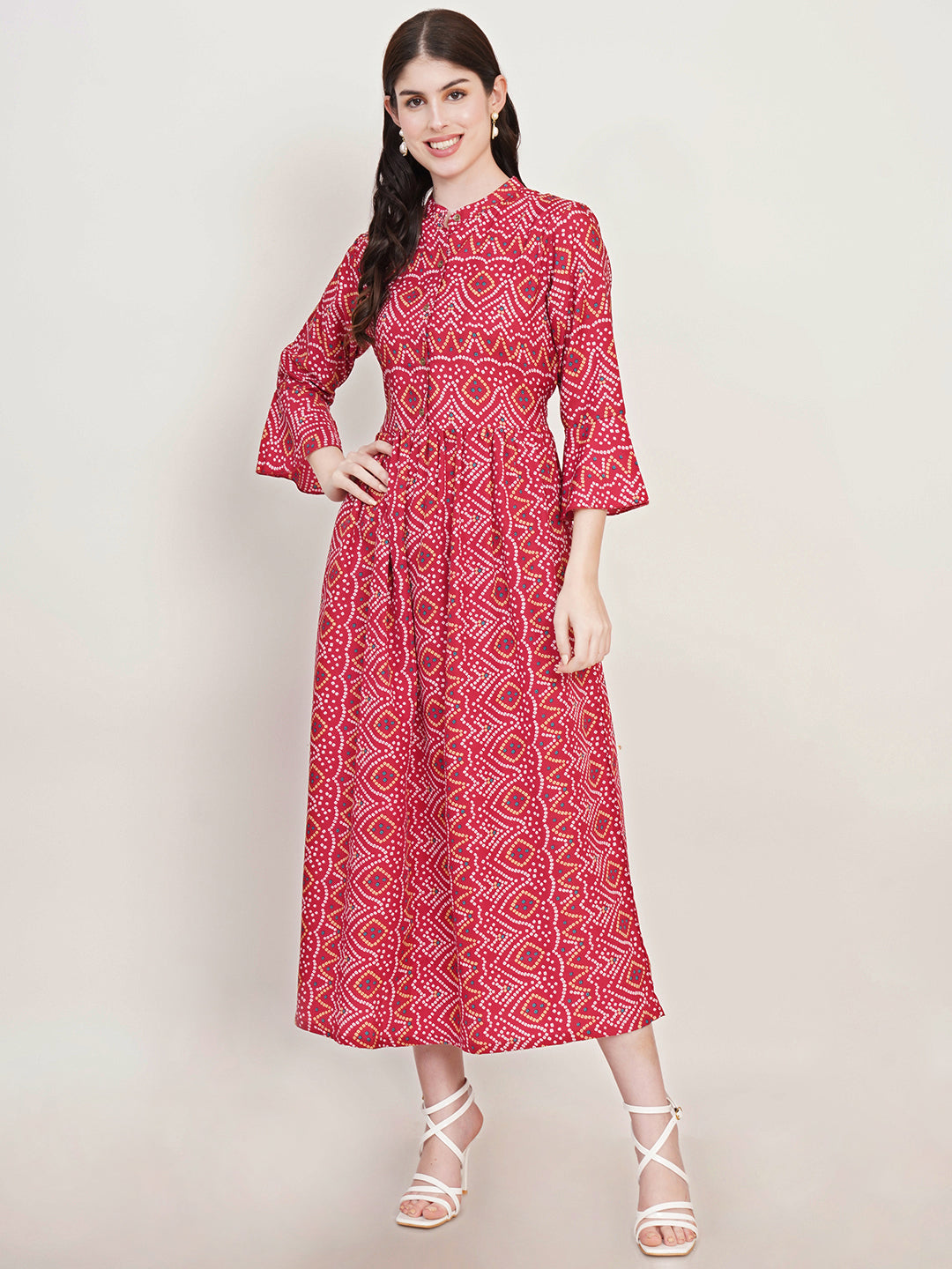 Women Geometric Printed Mandarin Collar Bell Sleeve Fit & Flare Maxi Dress