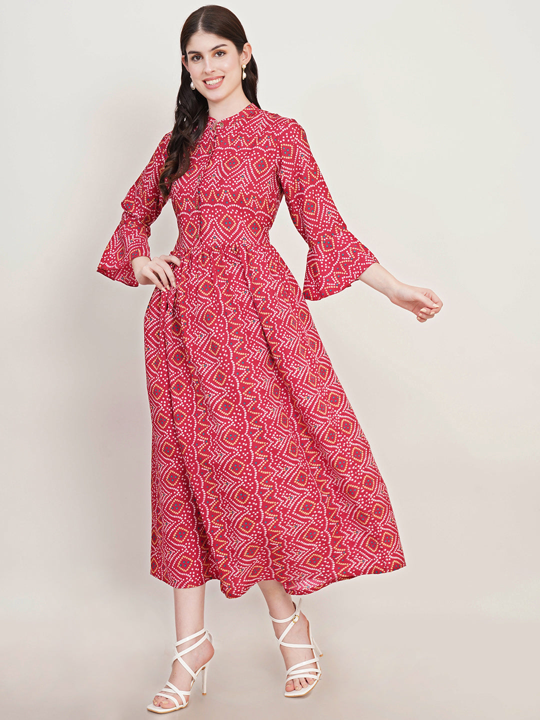 Women Geometric Printed Mandarin Collar Bell Sleeve Fit & Flare Maxi Dress