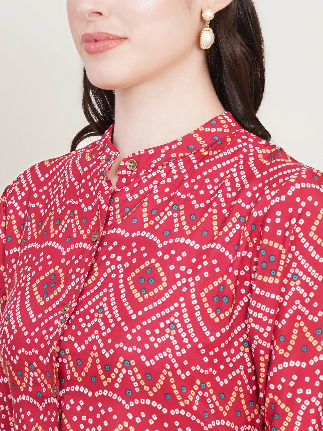 Women Geometric Printed Mandarin Collar Bell Sleeve Fit & Flare Maxi Dress