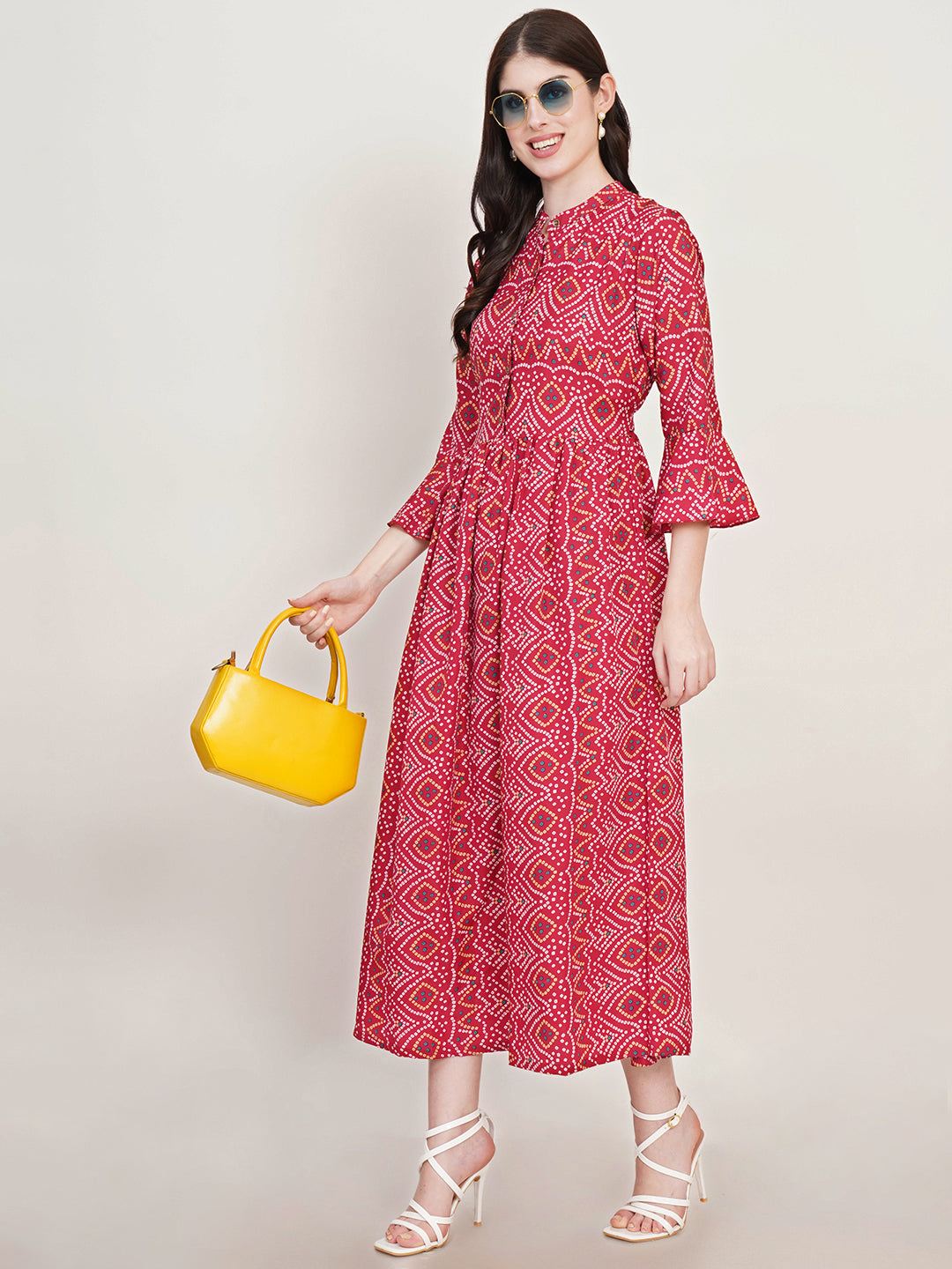 Women Geometric Printed Mandarin Collar Bell Sleeve Fit & Flare Maxi Dress