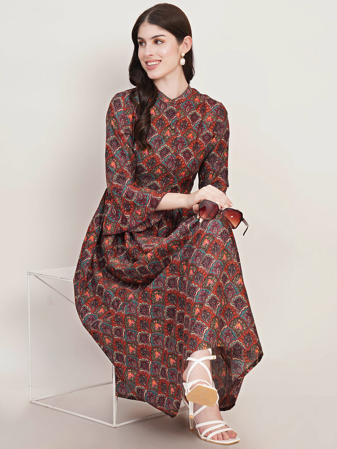 Women Floral Print Bell Sleeve Crepe Fit & Flare Midi Dress