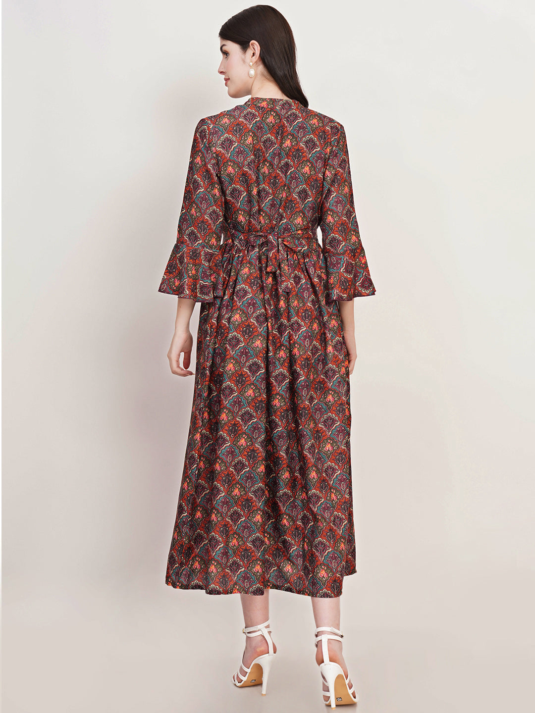 Women Floral Print Bell Sleeve Crepe Fit & Flare Midi Dress