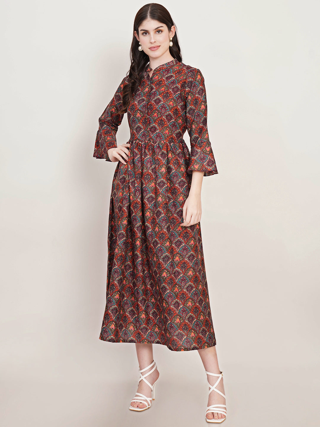 Women Floral Print Bell Sleeve Crepe Fit & Flare Midi Dress