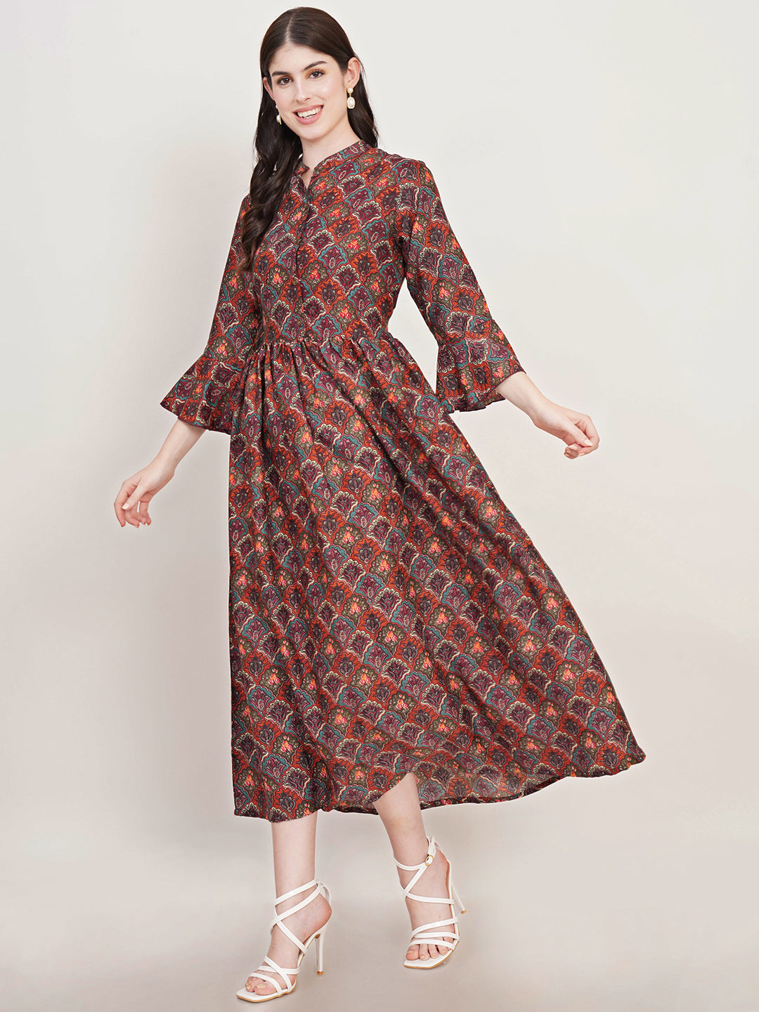 Women Floral Print Bell Sleeve Crepe Fit & Flare Midi Dress