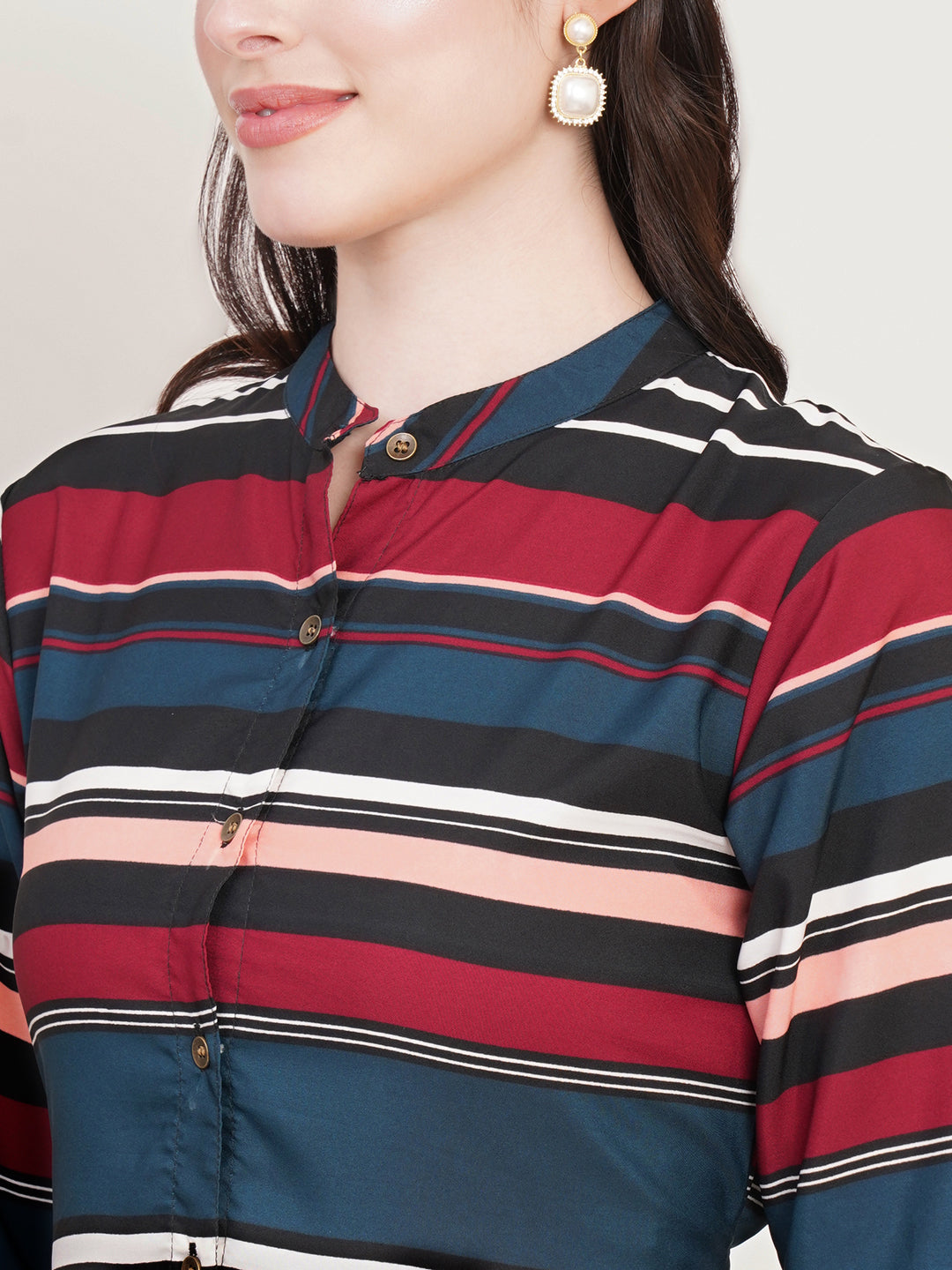 Women Teal Striped Bell Sleeve Crepe Fit & Flare Midi Dress