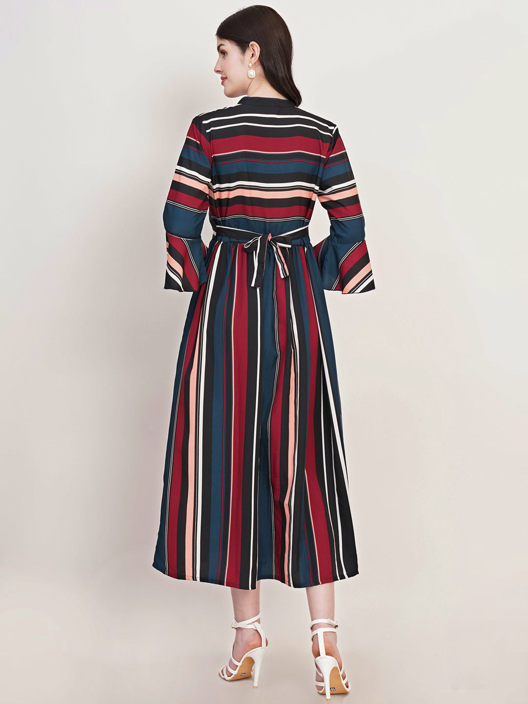 Women Teal Striped Bell Sleeve Crepe Fit & Flare Midi Dress