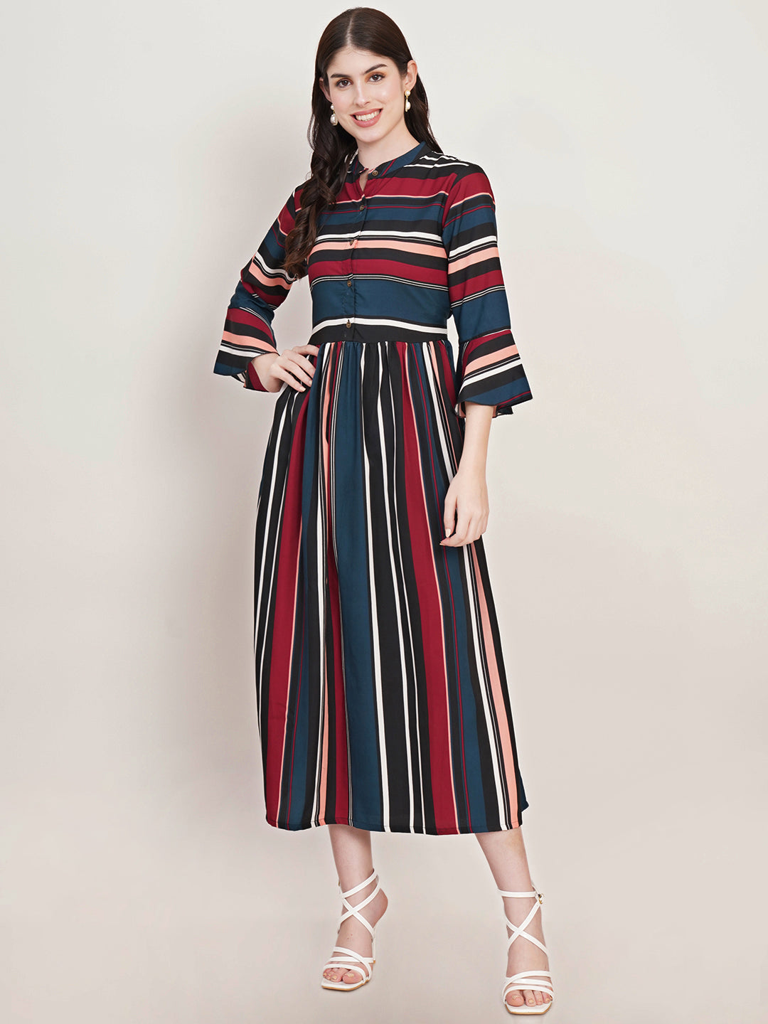 Women Teal Striped Bell Sleeve Crepe Fit & Flare Midi Dress