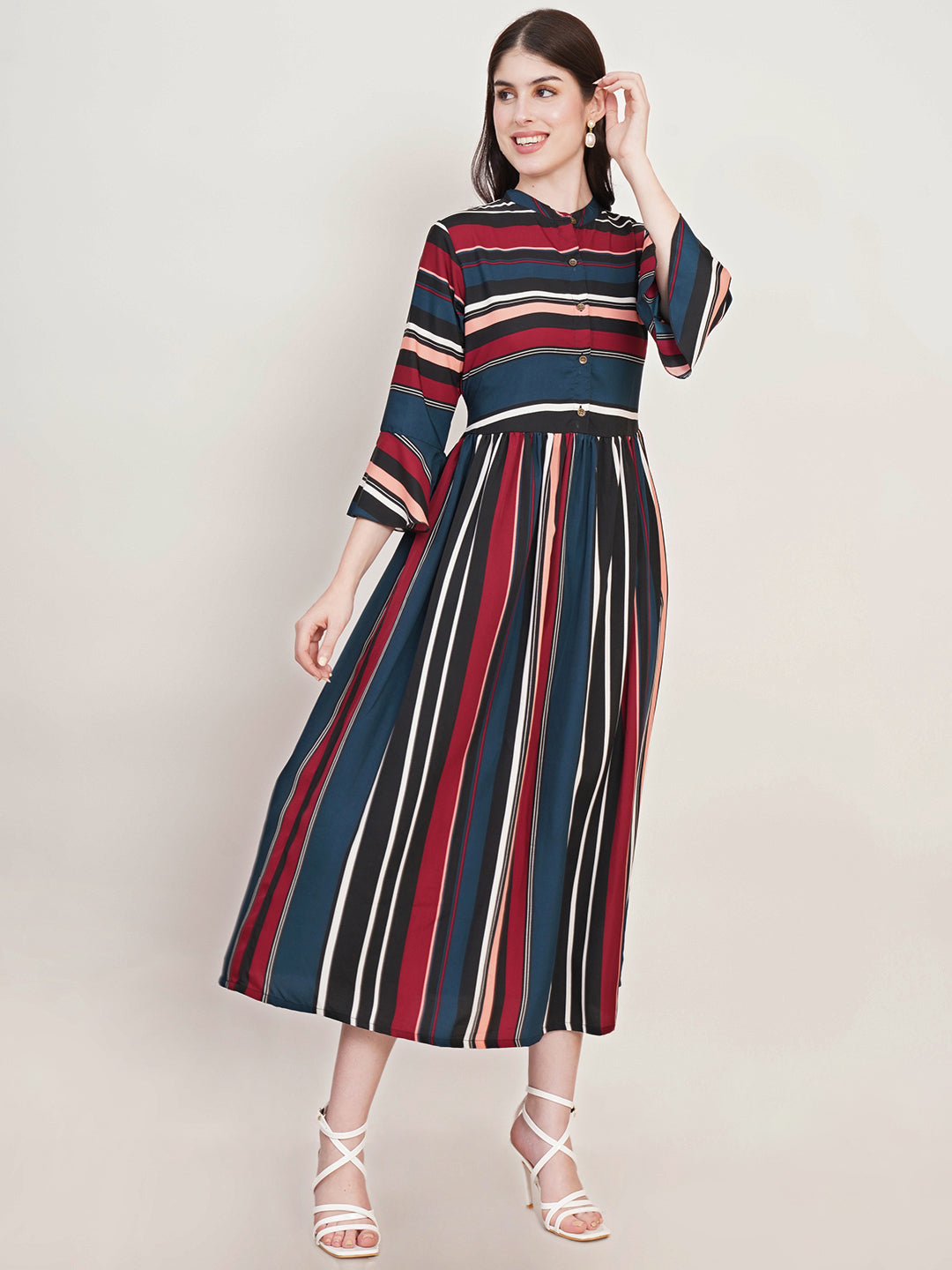 Women Teal Striped Bell Sleeve Crepe Fit & Flare Midi Dress