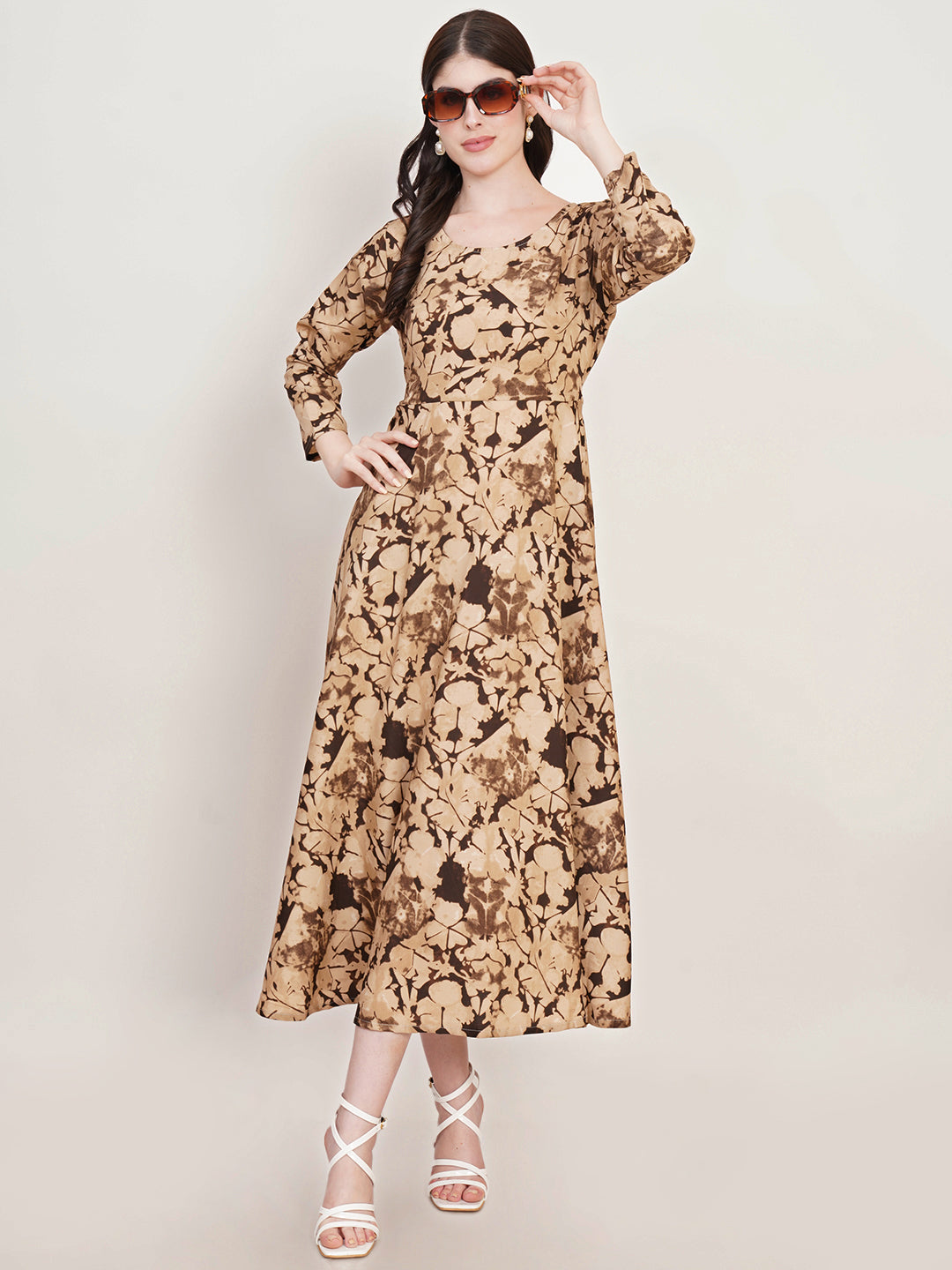 Women Beige & Brown Printed Round Neck Fit & Flare Midi Dress