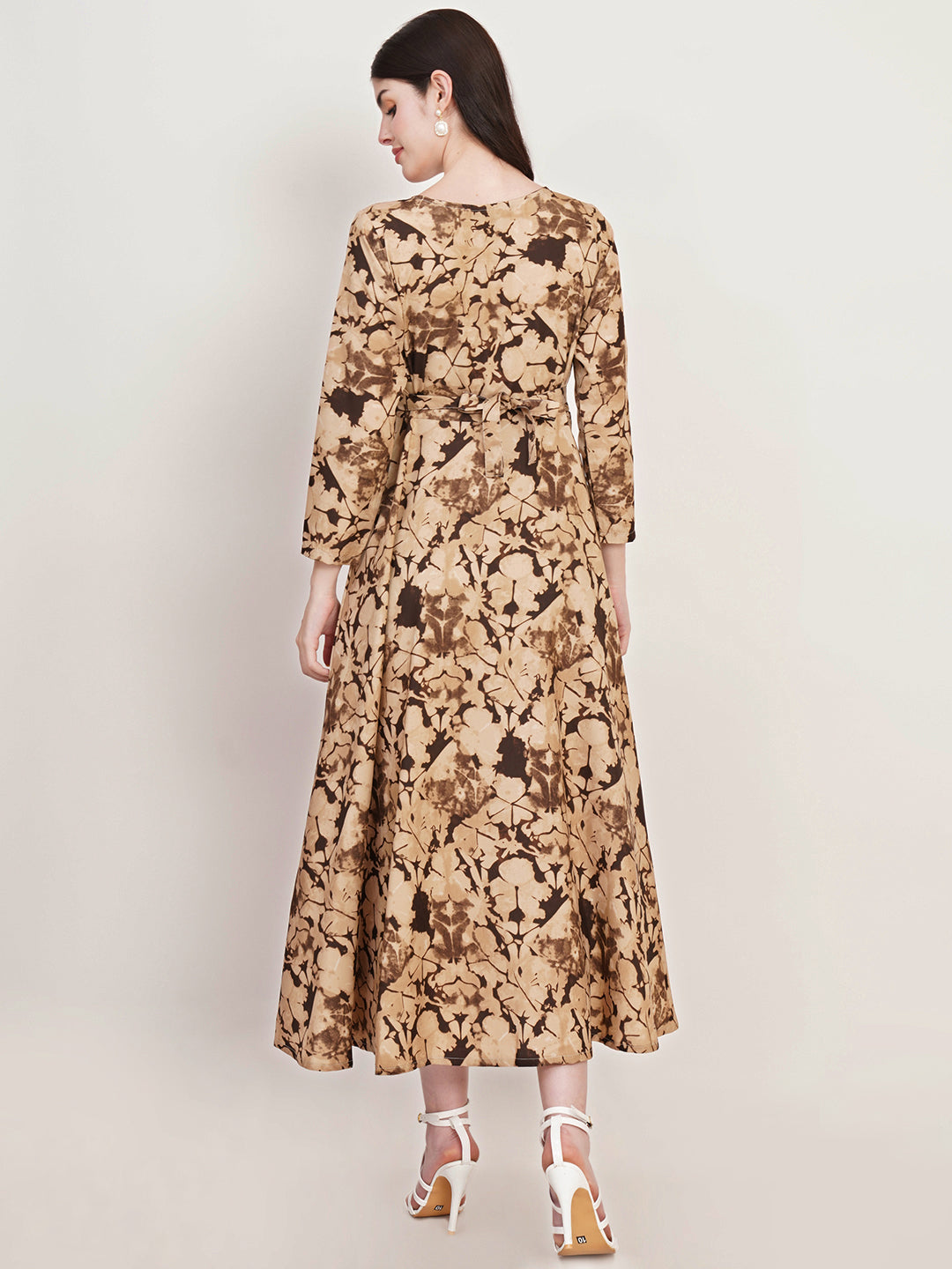 Women Beige & Brown Printed Round Neck Fit & Flare Midi Dress