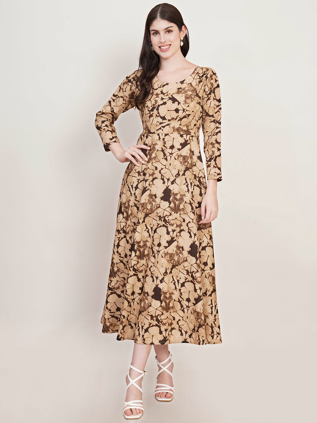Women Beige & Brown Printed Round Neck Fit & Flare Midi Dress