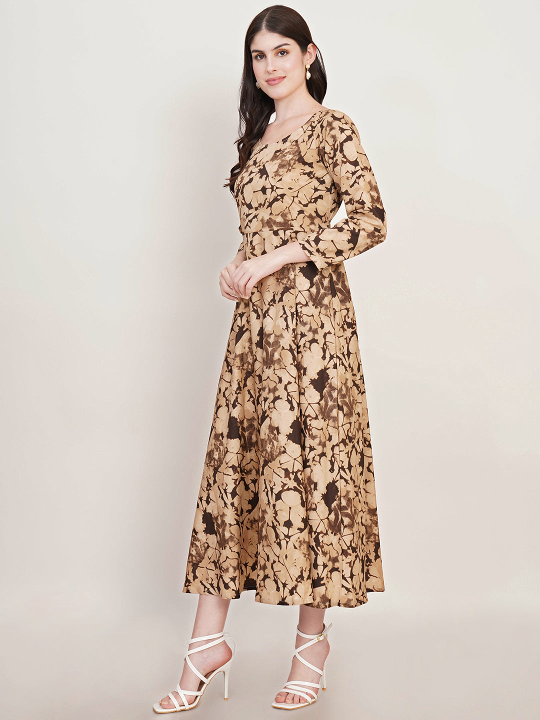 Women Beige & Brown Printed Round Neck Fit & Flare Midi Dress