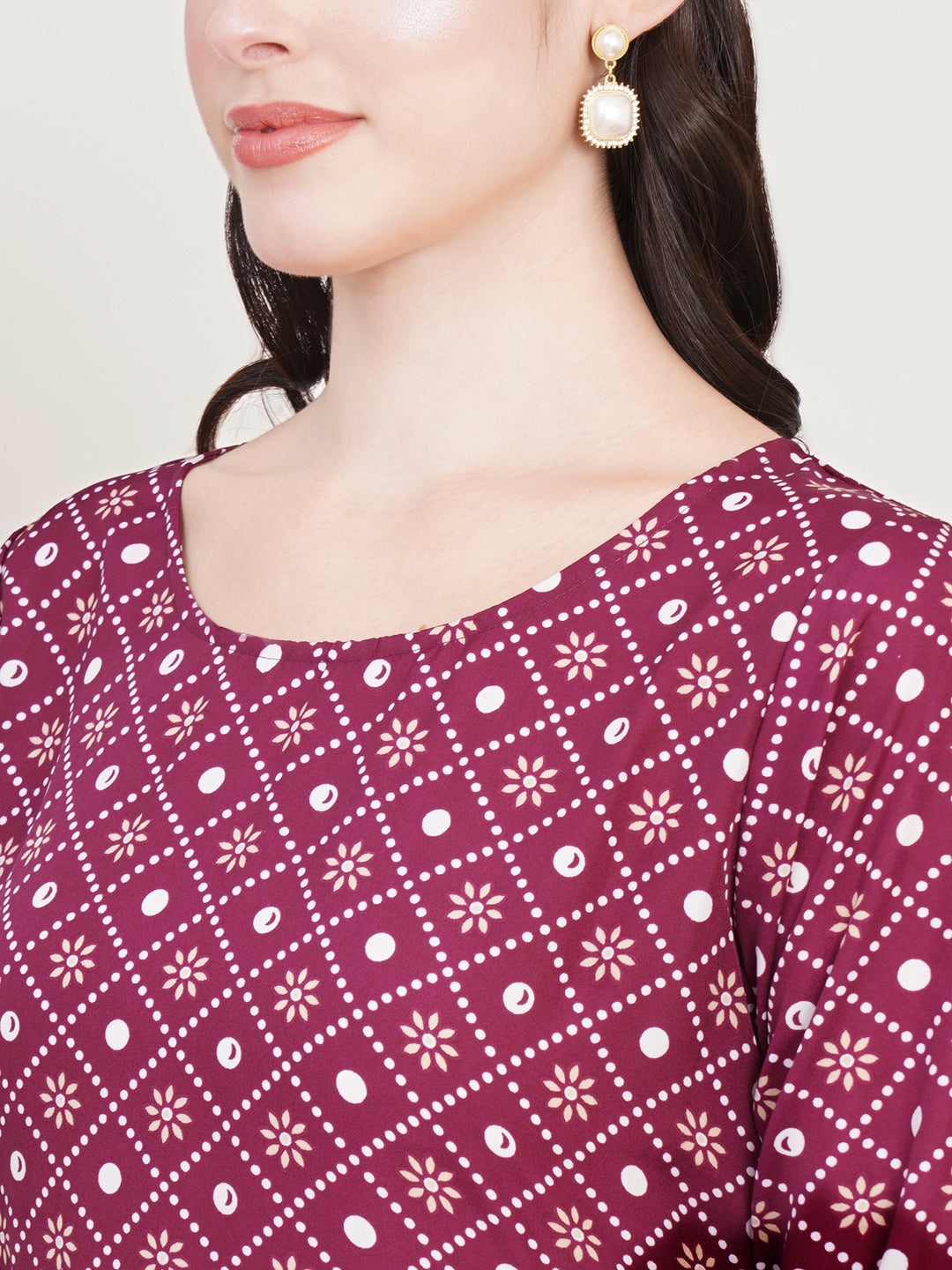 Women Burgundy Floral Print Crepe Fit & Flare Midi Dress