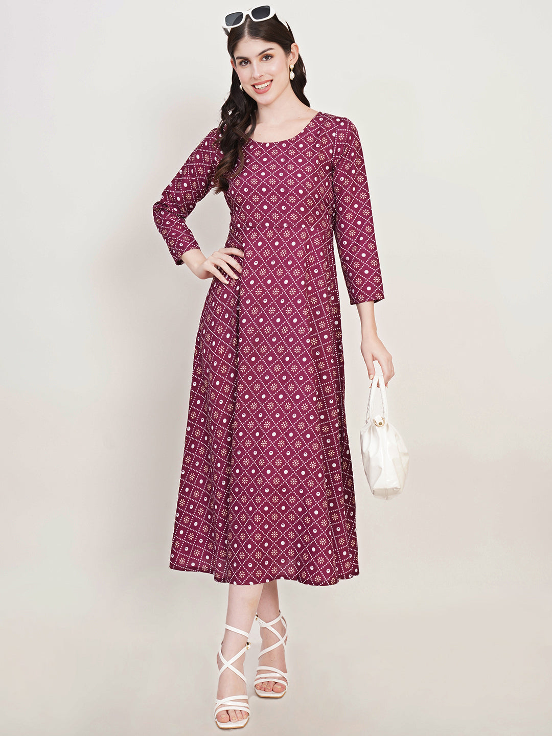 Women Burgundy Floral Print Crepe Fit & Flare Midi Dress