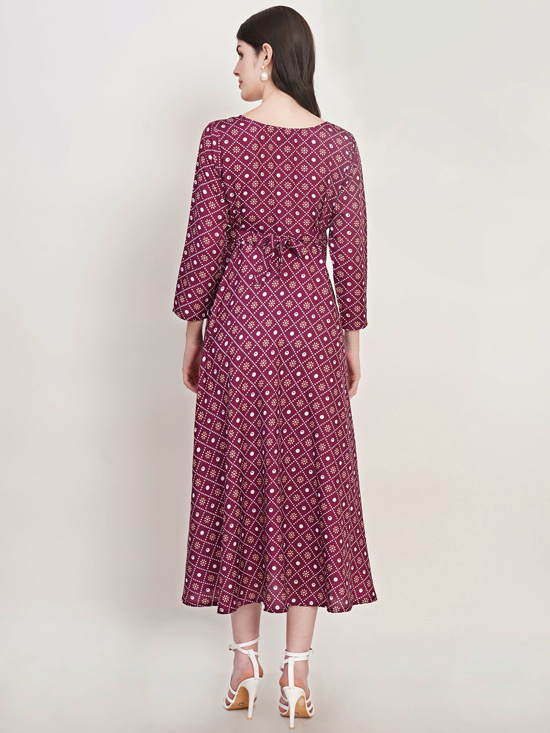 Women Burgundy Floral Print Crepe Fit & Flare Midi Dress
