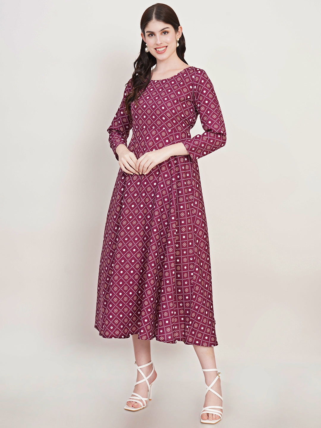 Women Burgundy Floral Print Crepe Fit & Flare Midi Dress