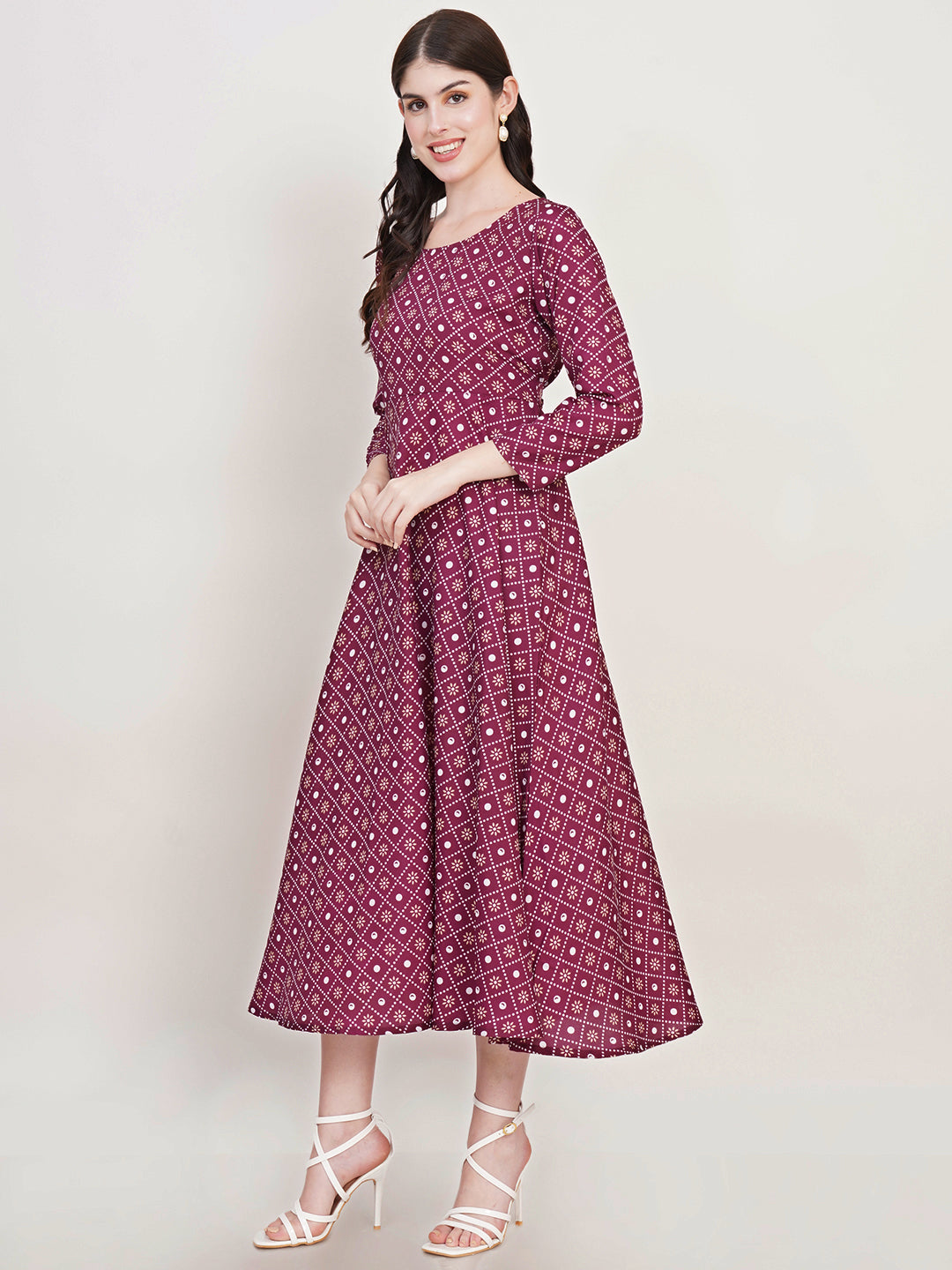 Women Burgundy Floral Print Crepe Fit & Flare Midi Dress