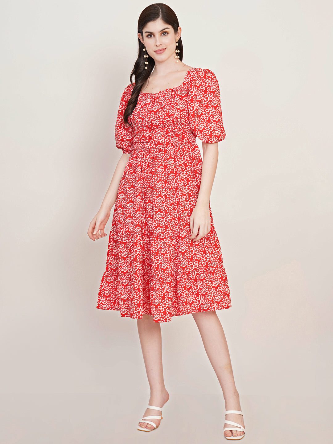 Women Floral Printed Square Neck Puff Sleeves Fit and Flare Midi Dress