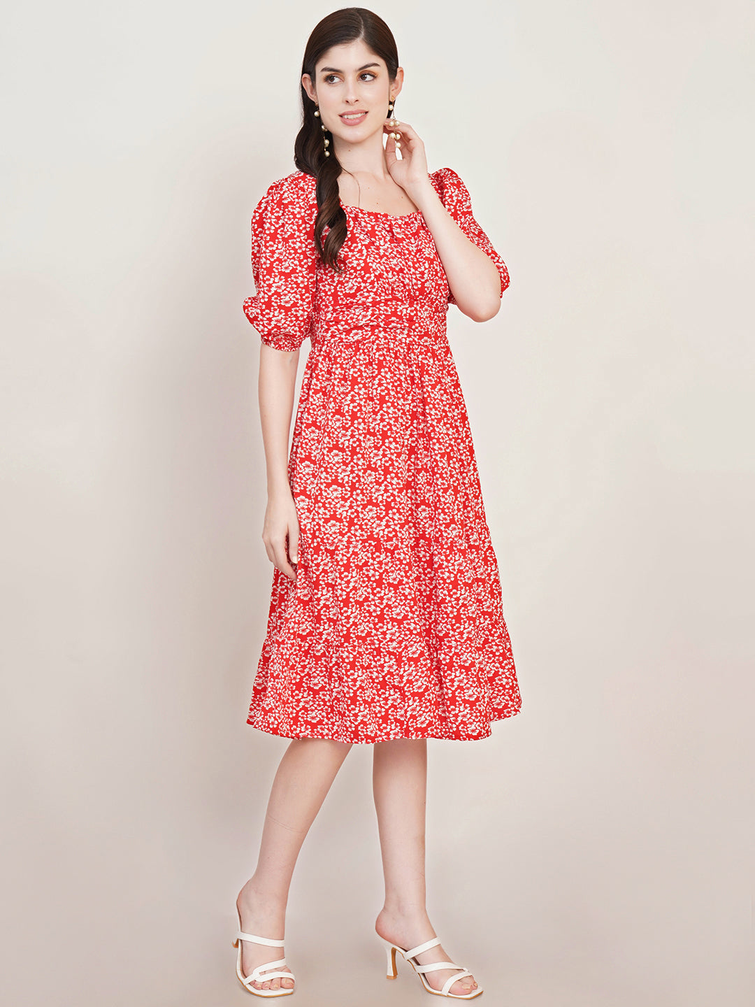 Women Floral Printed Square Neck Puff Sleeves Fit and Flare Midi Dress