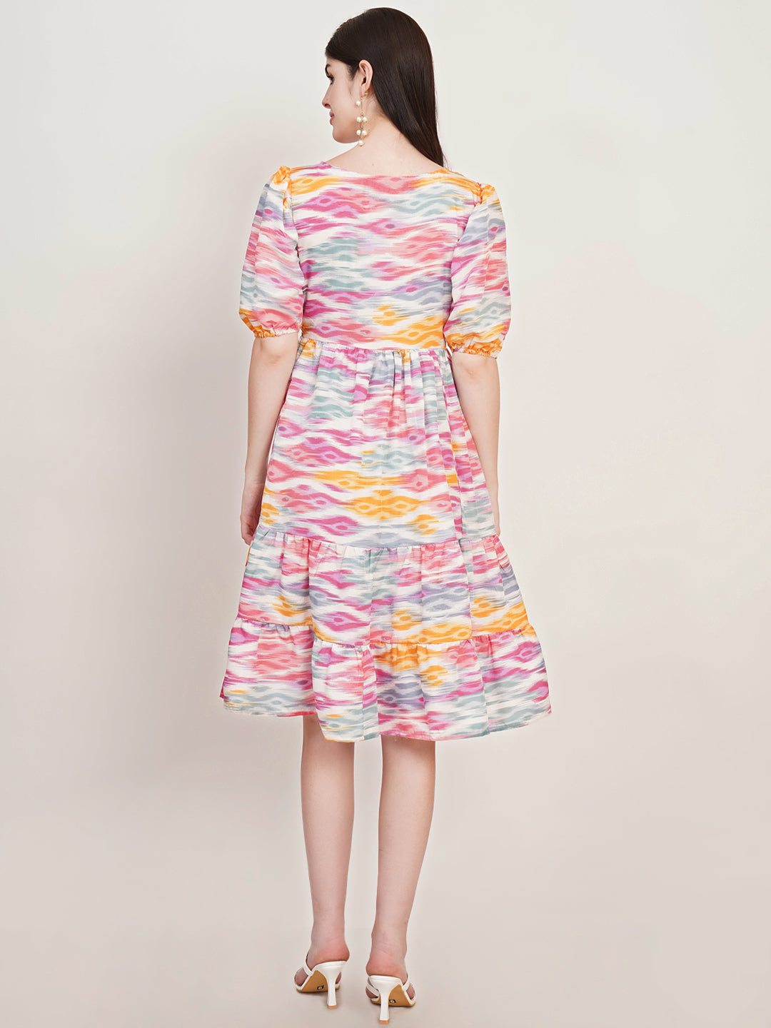 Women Abstract Printed Square Neck Puff Sleeves Gathered Detail Fit & Flare Dress