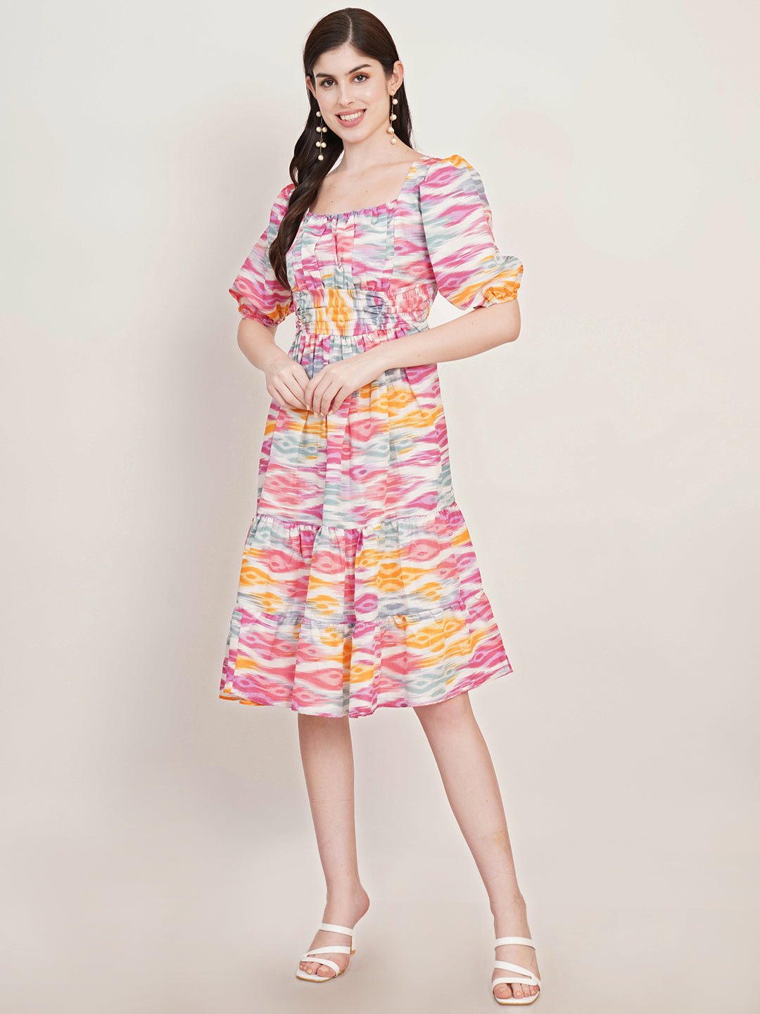 Women Abstract Printed Square Neck Puff Sleeves Gathered Detail Fit & Flare Dress