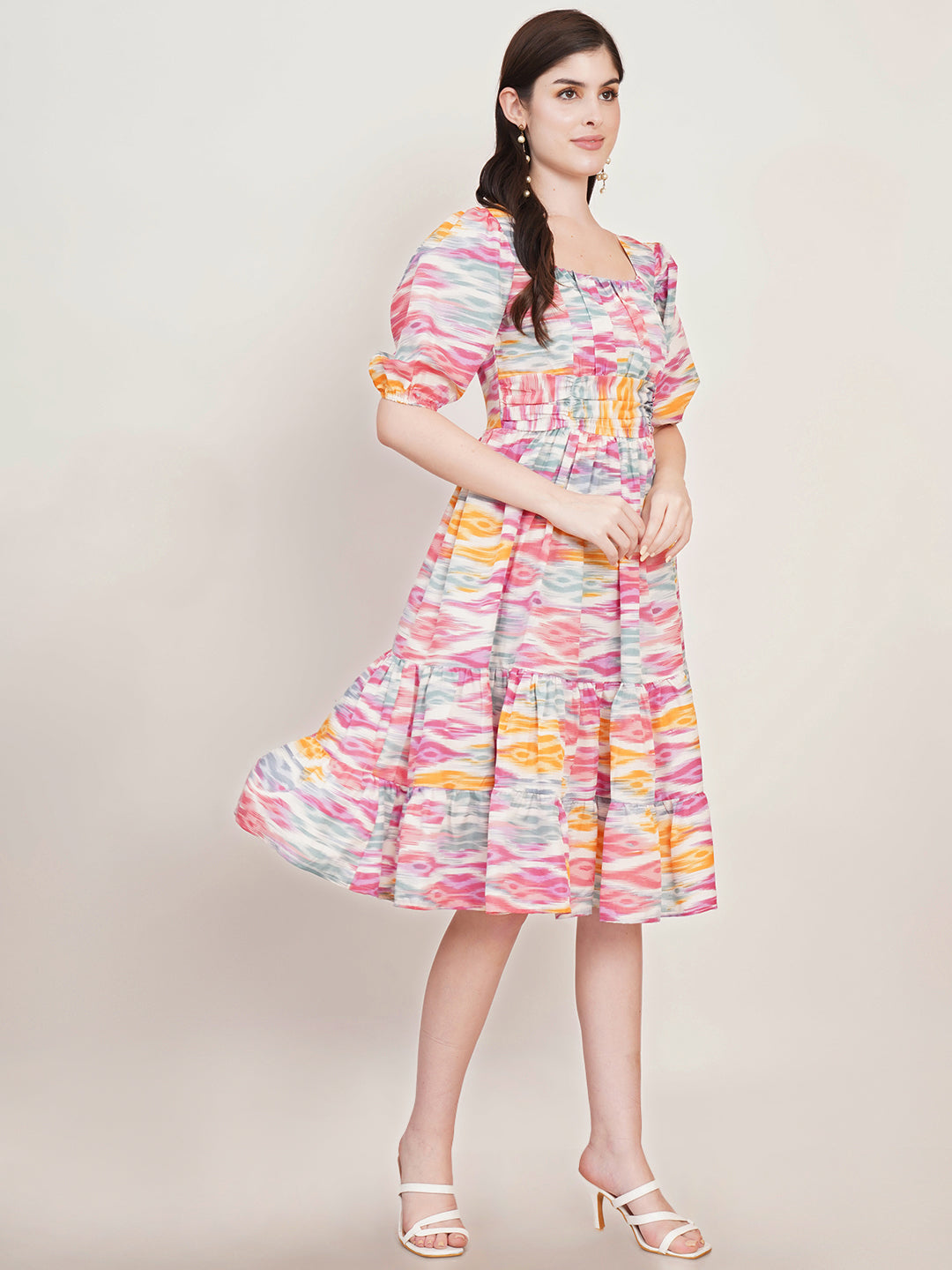 Women Abstract Printed Square Neck Puff Sleeves Gathered Detail Fit & Flare Dress