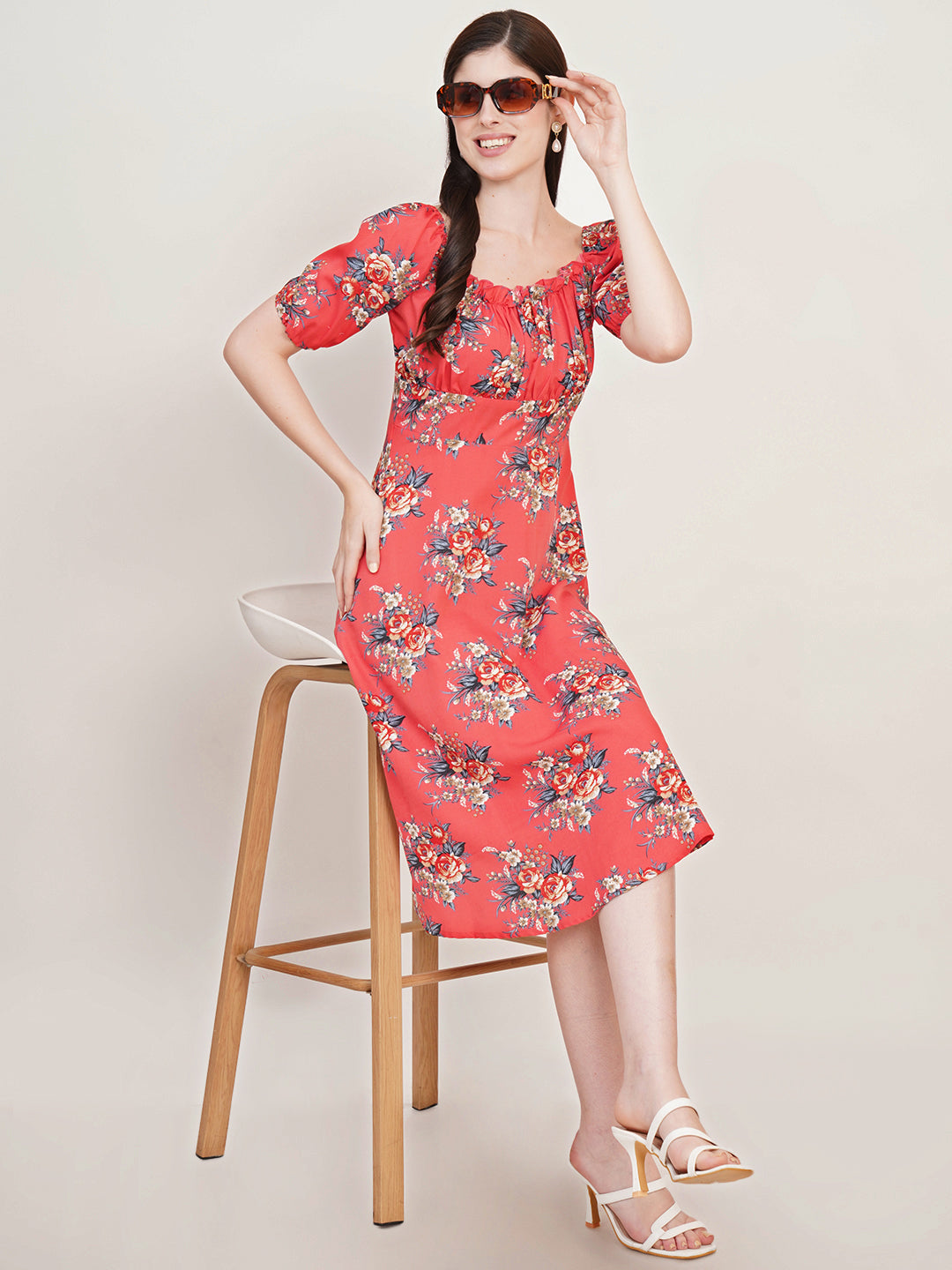 Women Floral Printed Square Neck Puff Sleeves Gathered Detail Fit and Flare Midi Dress