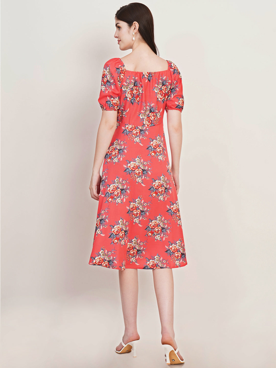 Women Floral Printed Square Neck Puff Sleeves Gathered Detail Fit and Flare Midi Dress