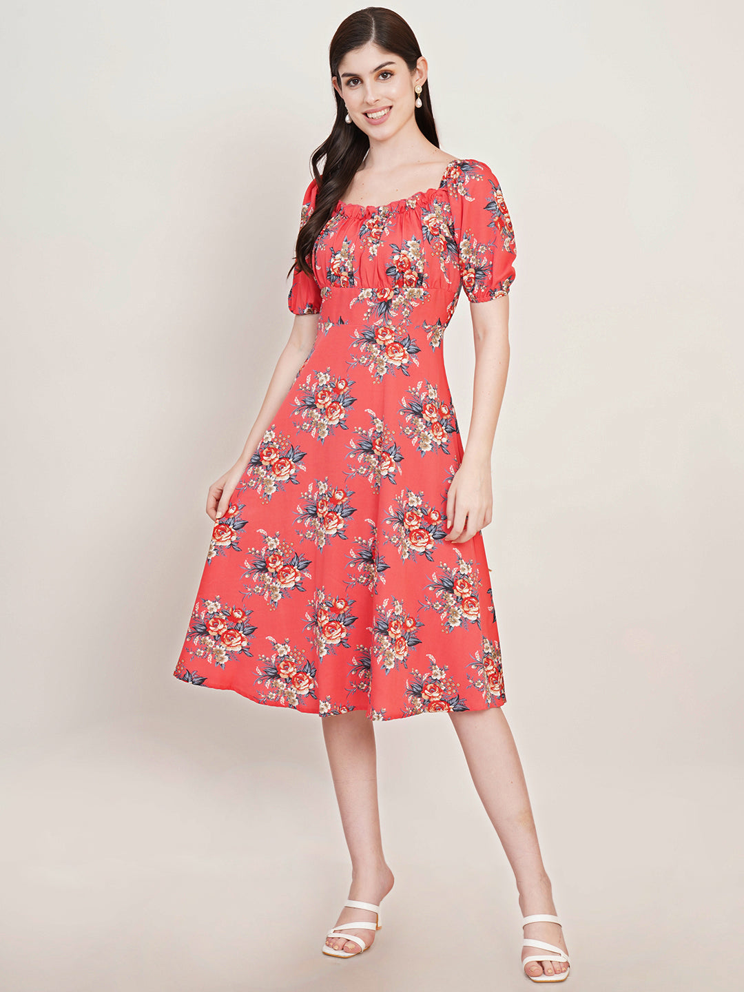 Women Floral Printed Square Neck Puff Sleeves Gathered Detail Fit and Flare Midi Dress