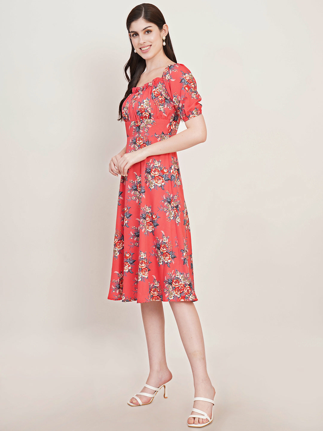 Women Floral Printed Square Neck Puff Sleeves Gathered Detail Fit and Flare Midi Dress