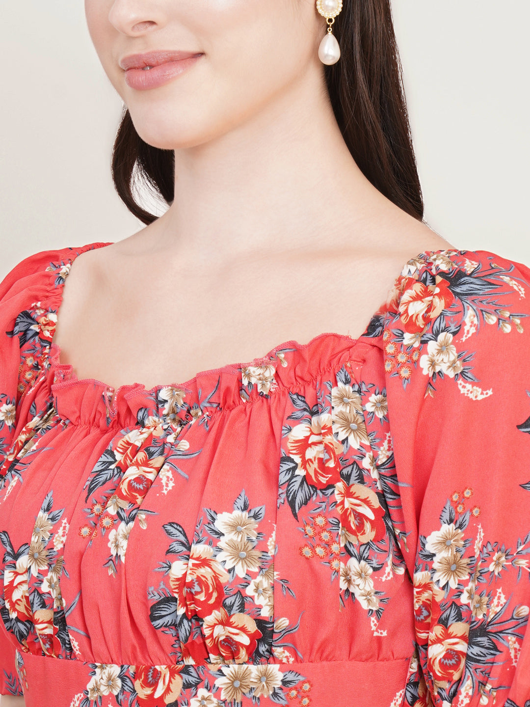 Women Floral Printed Square Neck Puff Sleeves Gathered Detail Fit and Flare Midi Dress