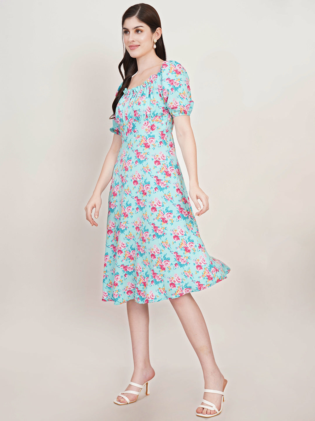 Women Floral Print Puff Sleeve Crepe Fit & Flare Midi Dress