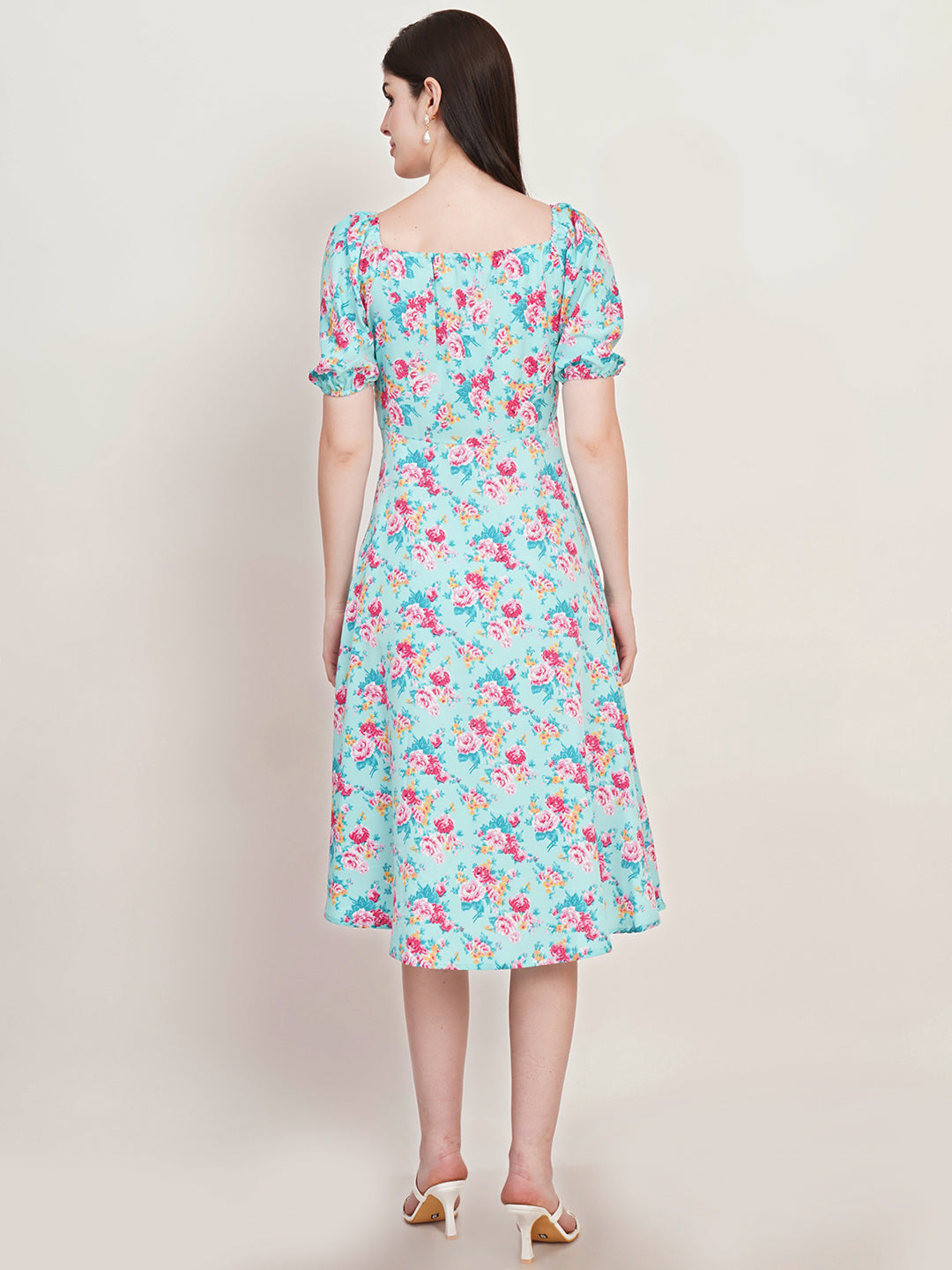 Women Floral Print Puff Sleeve Crepe Fit & Flare Midi Dress
