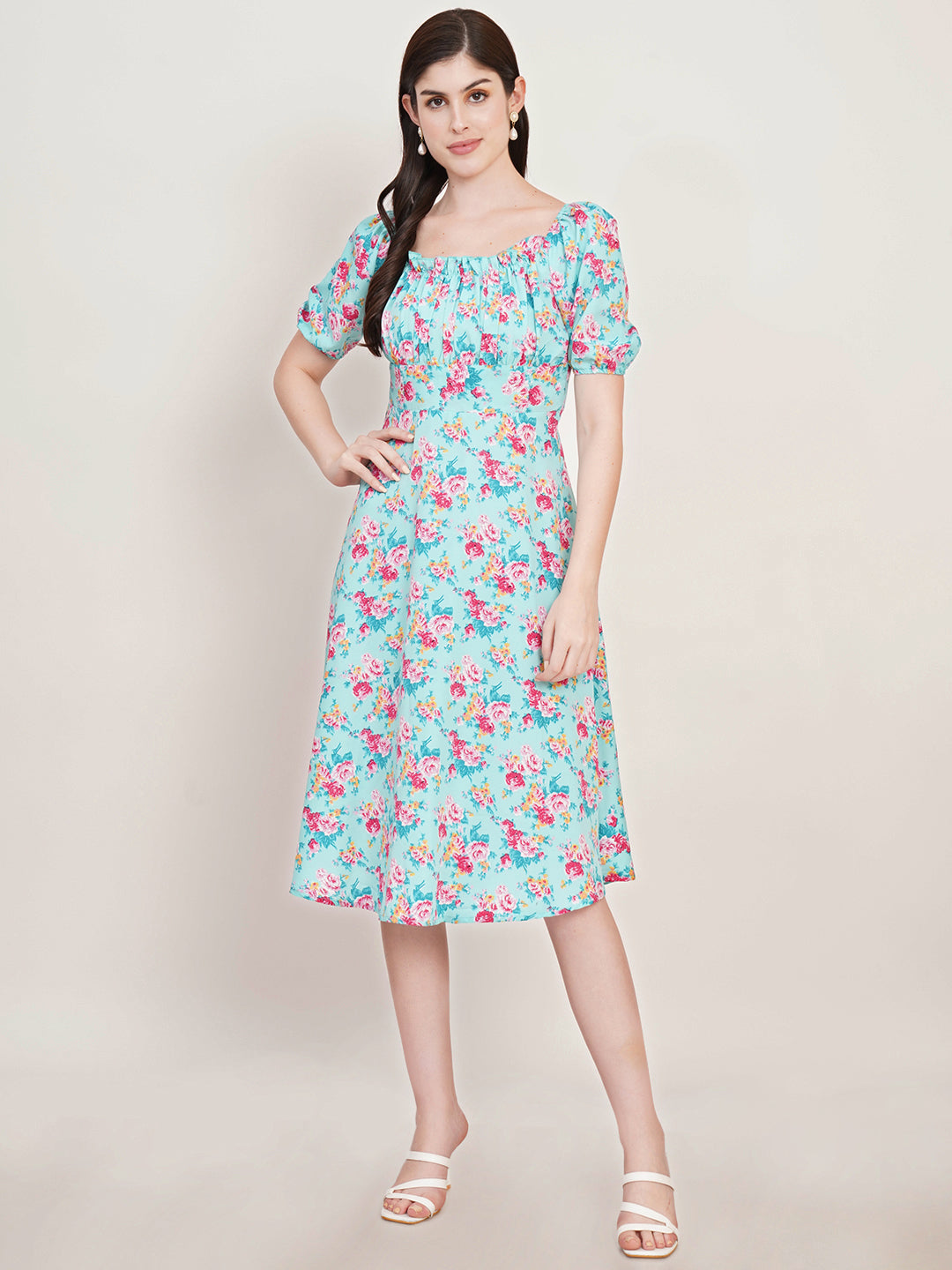 Women Floral Print Puff Sleeve Crepe Fit & Flare Midi Dress