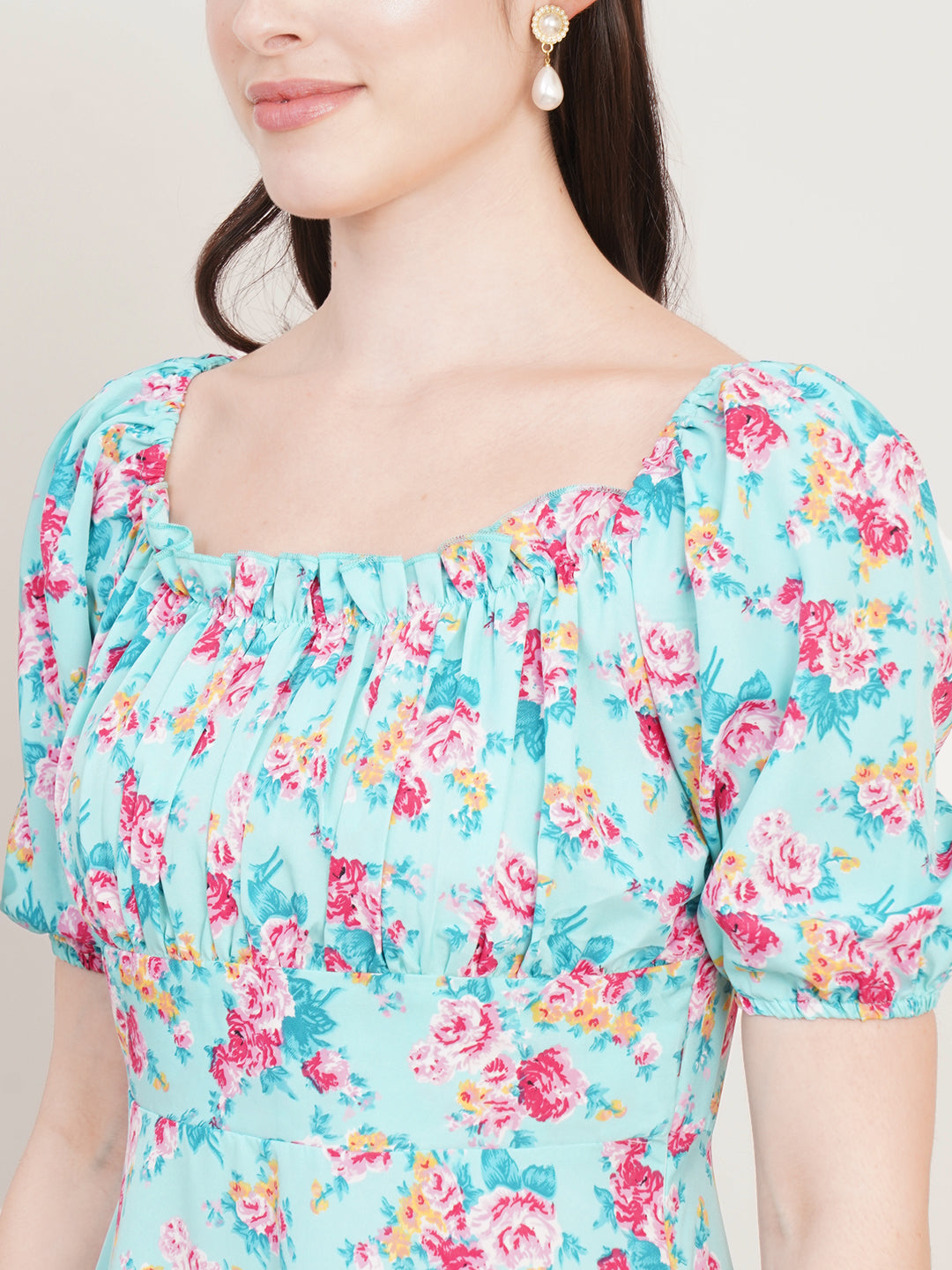 Women Floral Print Puff Sleeve Crepe Fit & Flare Midi Dress