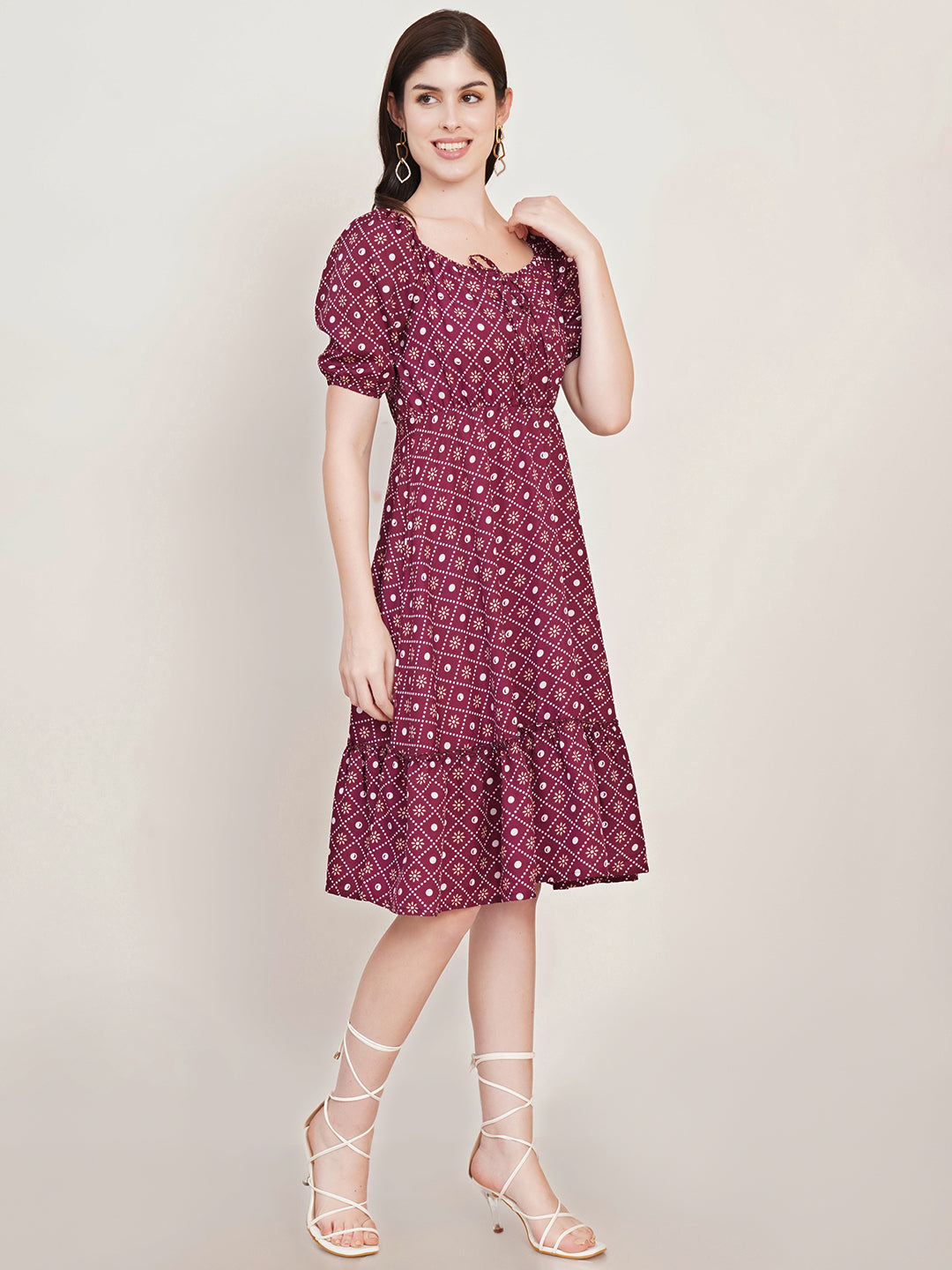 Women Polka Dot Print Puff Sleeve Crepe Fit & Flare Dress