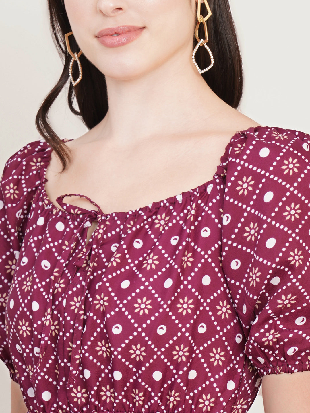 Women Polka Dot Print Puff Sleeve Crepe Fit & Flare Dress